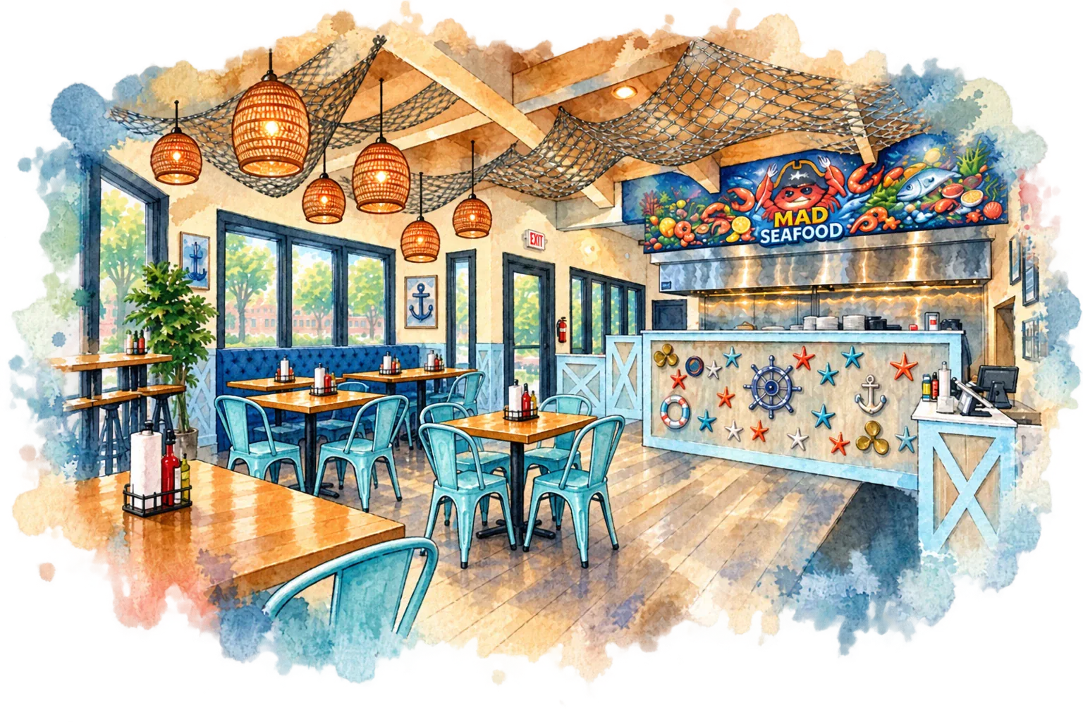 Watercolor illustration of MAD Seafood's dining room, with blue chairs, fishing nets and a colorful seafood mural
